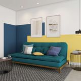 Sofá-cama 3 Lugares Casal Superior Base E Pés De Madeira Suede Azul