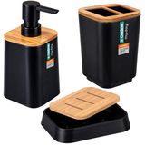 Kit Banheiro Lavabo Saboneteira Porta Escovas Bambu 3pçs