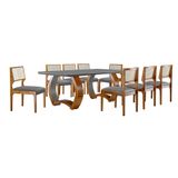 Conjunto De Mesa De Jantar Retangular Com Tampo De Vidro E 8 Cadeiras Padua Veludo Grafite E Cinamomo Imbuia