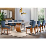 Conjunto De Mesa De Jantar Lavanda Com Tampo De Vidro E 8 Cadeiras Tulipa Linho Azul E Imbuia