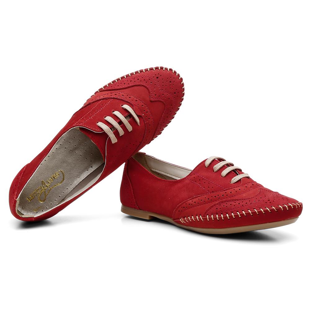 Sapato Oxford Couro Feminino Cadarço Brogue Conforto Estilo Vermelho 39