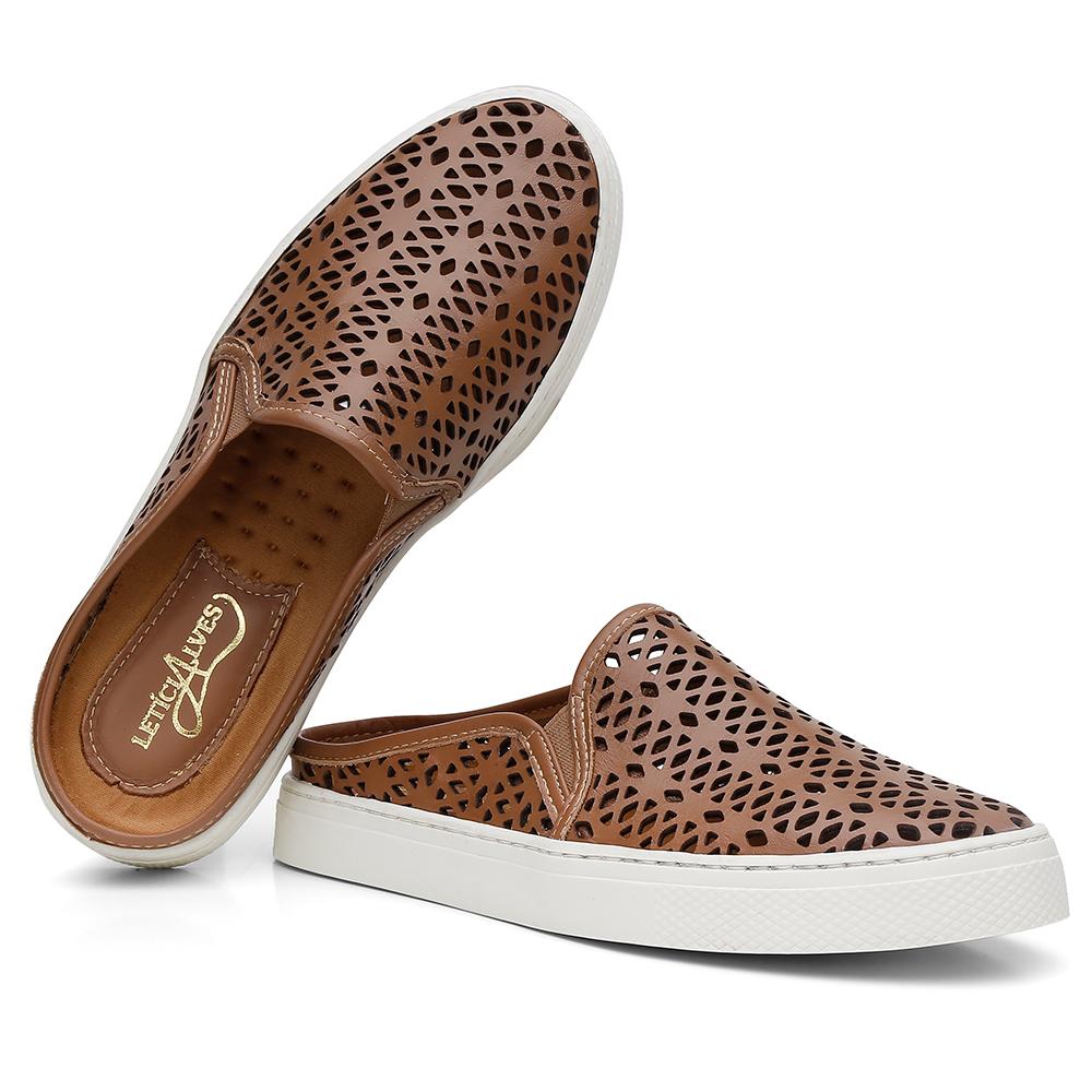 Tênis Mule Feminino Couro Perfuros Leve Conforto Casual Cinza 35