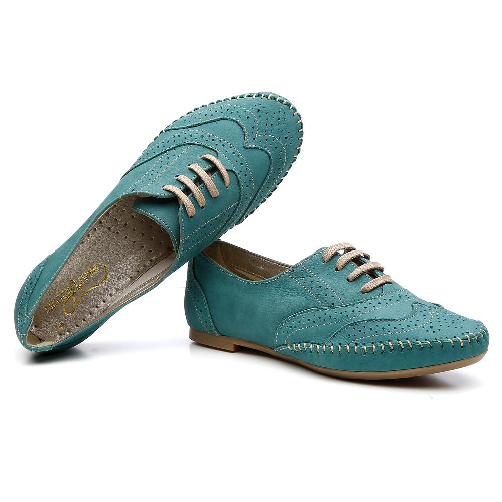 Sapato Oxford Couro Feminino Cadarço Brogue Conforto Estilo Azul 37