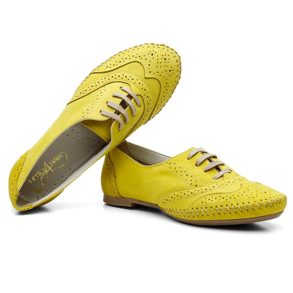 Sapato Oxford Couro Feminino Cadarço Brogue Conforto Estilo Amarelo 38