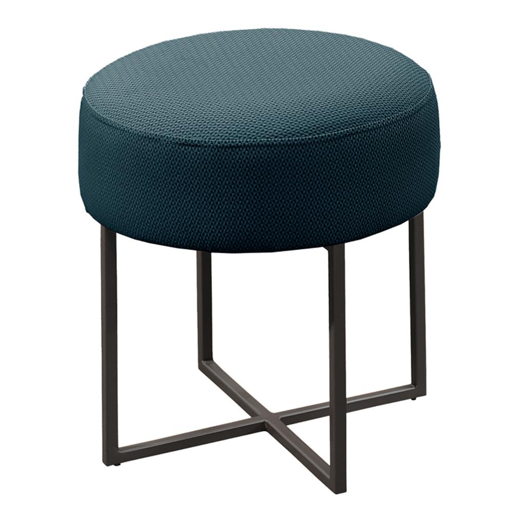 Puff Otávio Base Metálica Preta Tecido Linho Azul