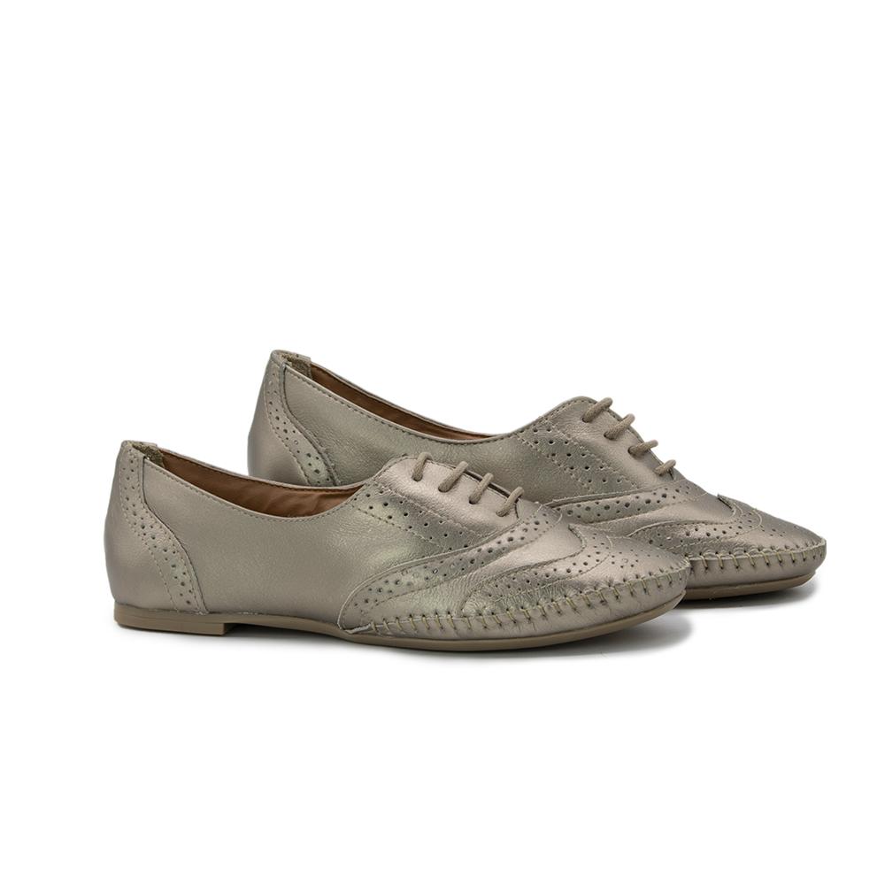 Sapato Oxford Couro Feminino Brogue Metalizado Leve Conforto Cinza 39