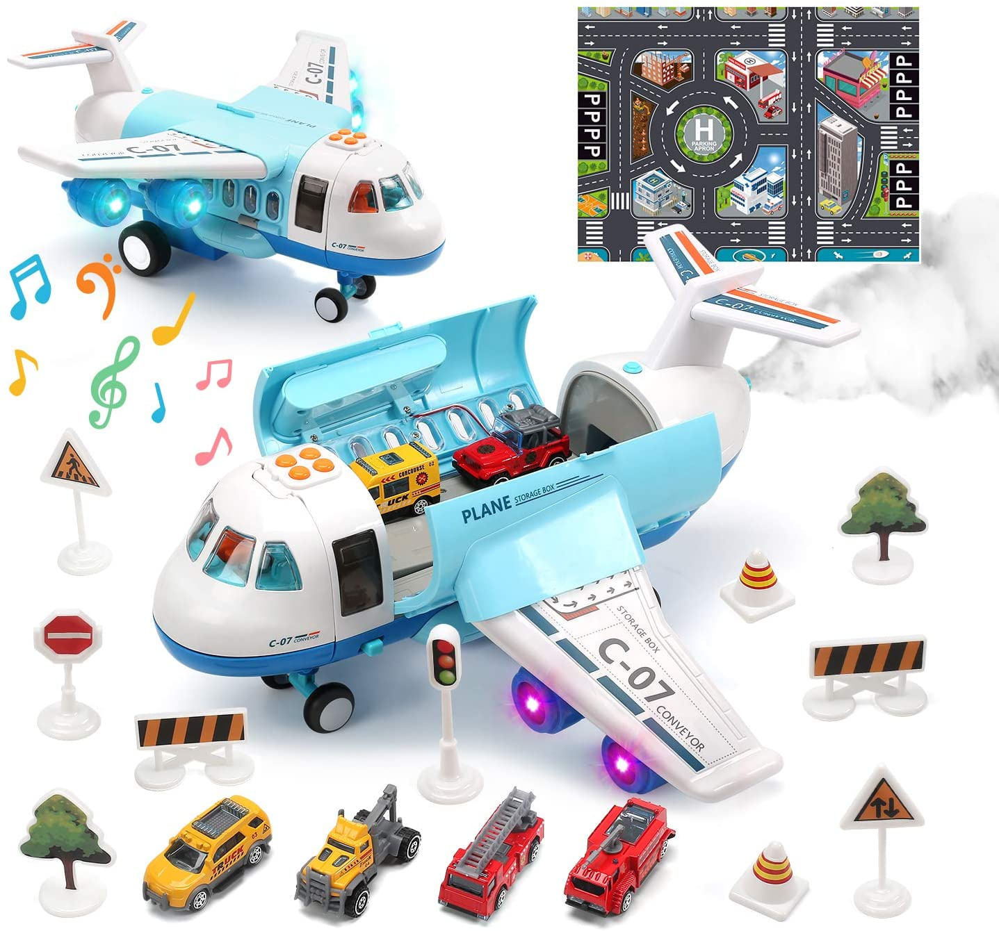 Brinquedo De Avião De Brinquedo Fofo Com Fumaça, Som E Luz, Fricton Powered Airplane Com Mini Carros Para Meninos E Meninas De 2 Anos