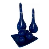 Jogo Vasos Par Lâmpadas E Centro Mesa 3 Esferas Azul Royal