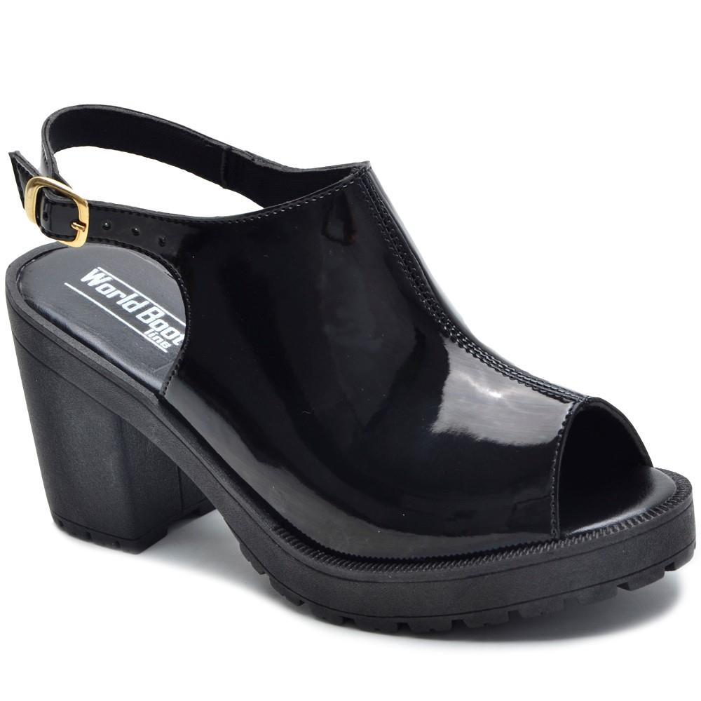 Sandália Feminina Verniz Tratorada Salto Médio Conforto Leve Preto 34