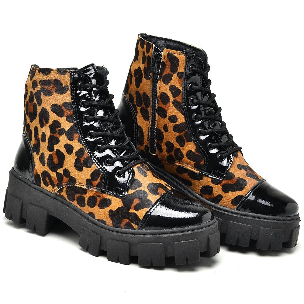 Bota Coturno Feminina Cadarço Animal Print Onça Moda Estilo Marrom 36