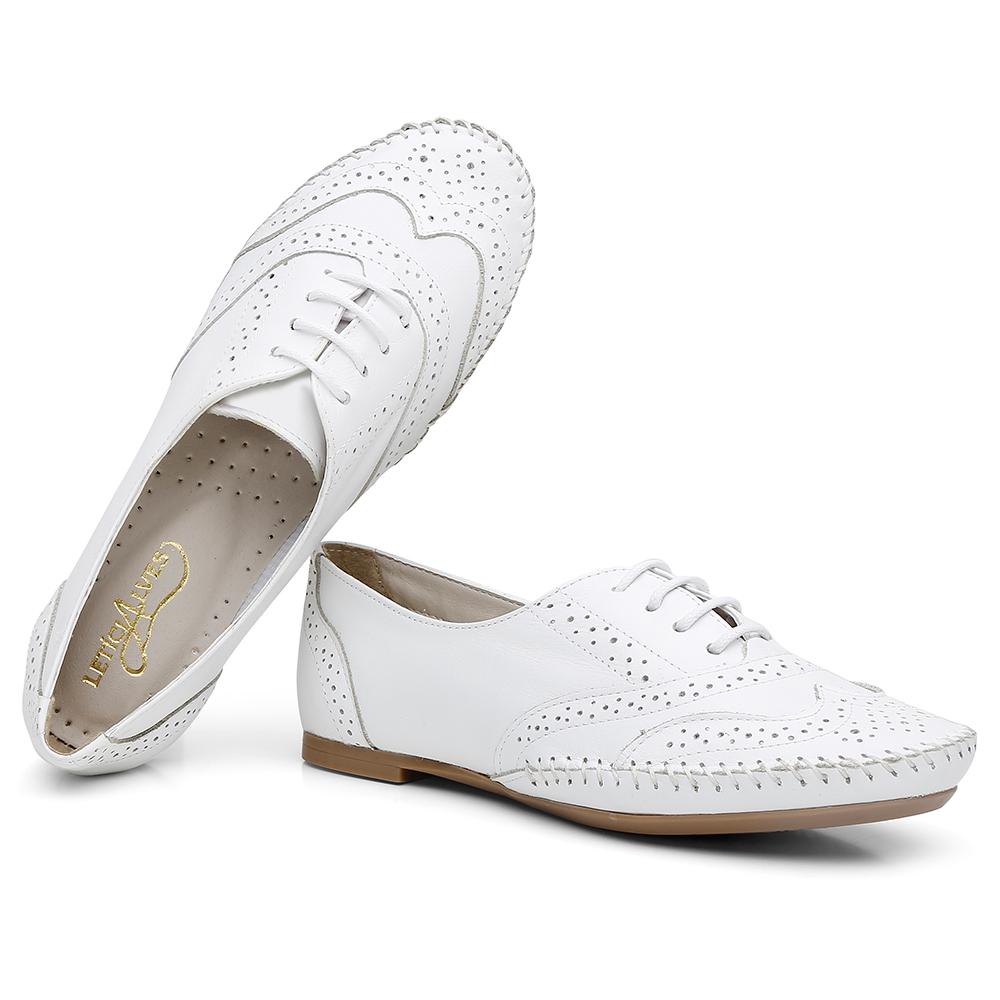 Sapato Oxford Couro Feminino Cadarço Brogue Conforto Estilo Branco 33