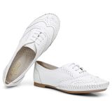 Sapato Oxford Couro Feminino Cadarço Brogue Conforto Estilo Branco 36