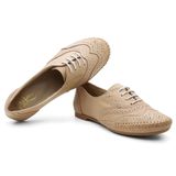 Sapato Oxford Couro Feminino Cadarço Brogue Conforto Estilo Bege 40