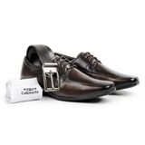 Kit Sapato Social Meia Cinto Masculino Couro Calprado Café 37