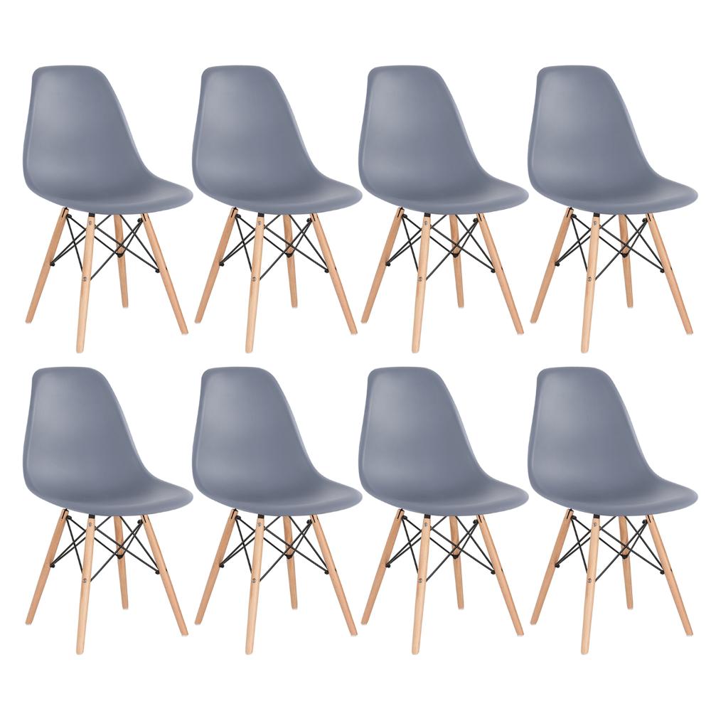 Kit - 8 X Cadeiras Charles Eames Eiffel Dsw - Base De Madeira Clara - Cinza Escuro