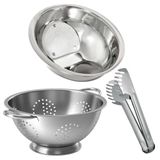 Kit Cozinha Escorredor De Macarrão, Lavador De Arroz E Pegador De Massa Aço Inox 3 Peças - Quality House