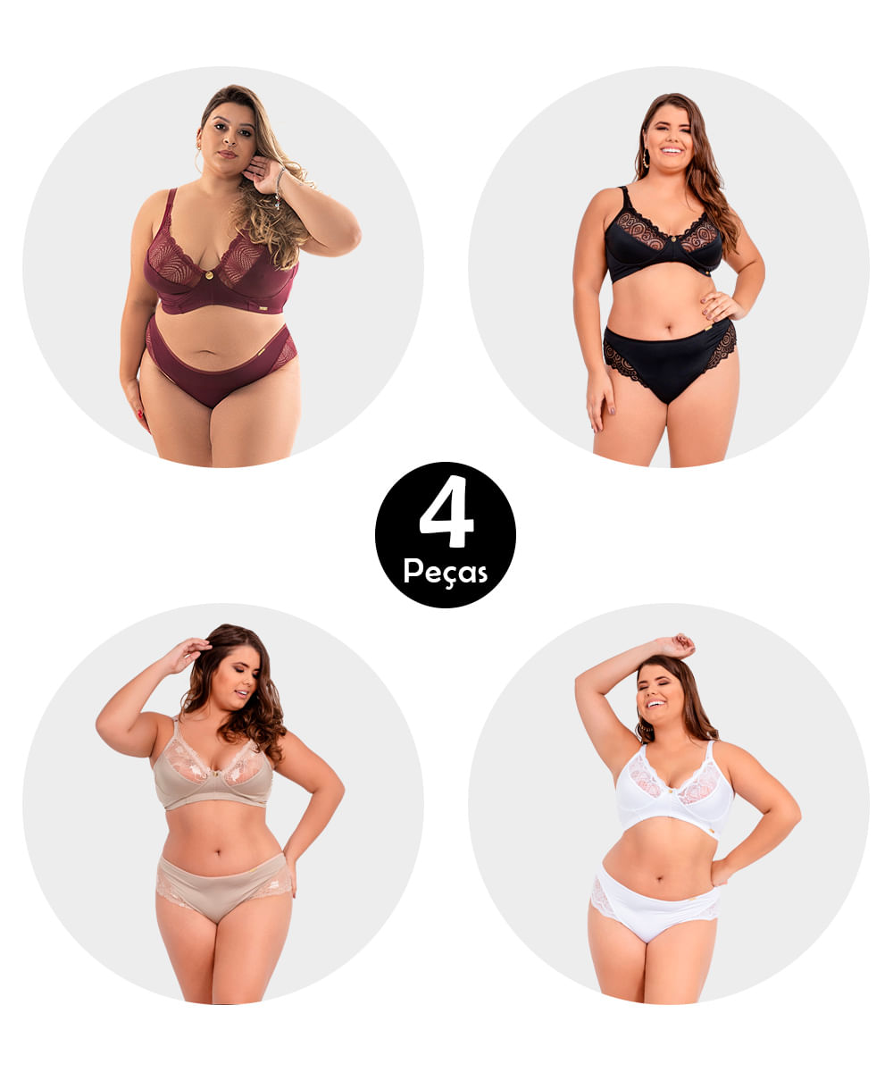 Kit 4 Conjunto Imi Lingerie Sem Bojo Em Microfibra E Renda Plus Size Betânia