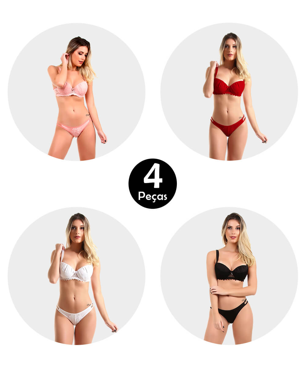 Kit 4 Conjunto Imi Lingerie Com Bojo Em Microfibra E Renda Fio Duplo Dafne