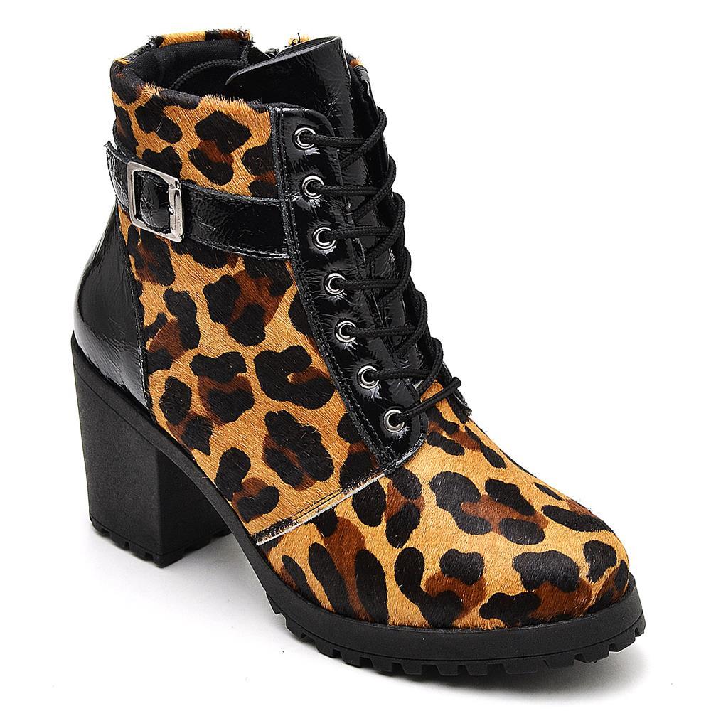 Bota Coturno Feminina Cadarço Animal Print Onça Estilo Moda Marrom 33