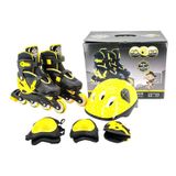Patins In Line Infantil Com Proteção Preto 4 Rodas 34-37