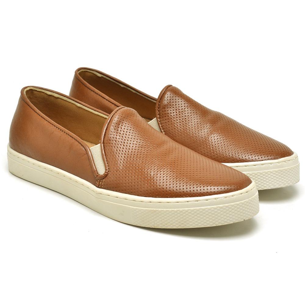 Tênis Slip-on Feminino Couro Calce Fácil Leve Conforto Moda Marrom 34