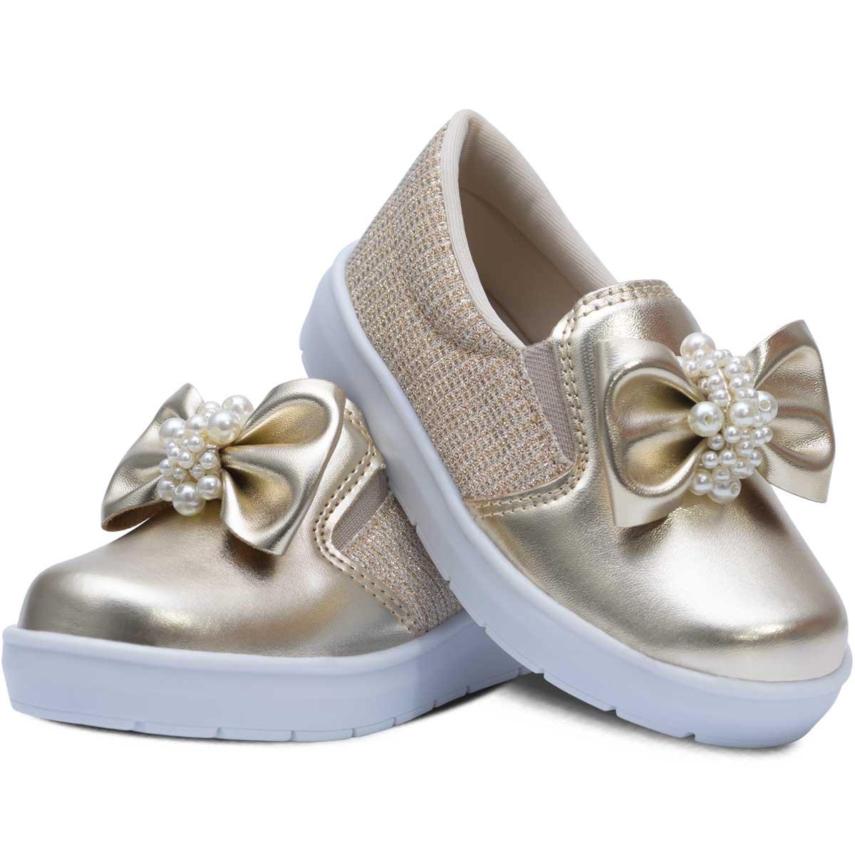 Tênis Calce Fácil Infantil Feminino Slip On Casual 11.58 Cor:dourado,tamanho:22