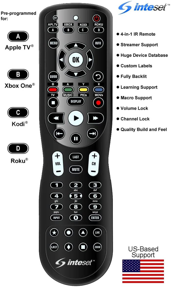 Inteset 4-em-1 Universal Backlit Ir Learning Remote Para Uso Com Apple Tv, Xbox One, Roku, Media Center/kodi, Nvidia Shield, A Maioria Dos S