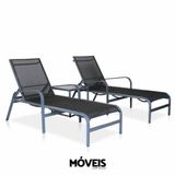 Kit 2 Espreguiçadeiras De Alumínio Em Tela Sling + 1 Mesinha Lateral Para Piscina, Área Externa, Resort E Hotel - Grafite E Tela Preta