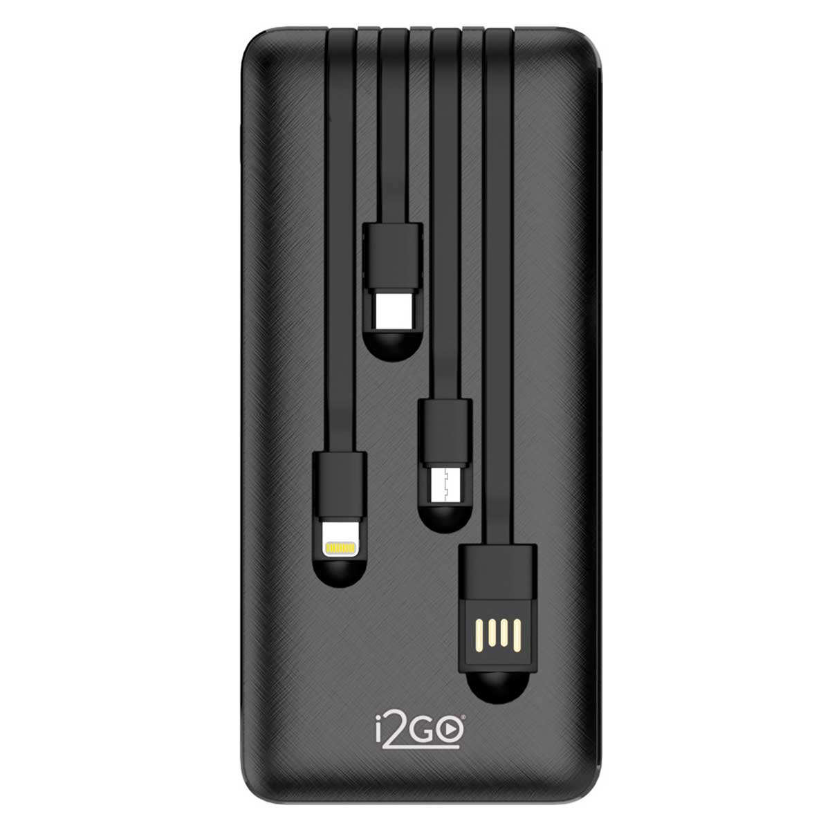 Carregador Portátil (Power Bank) I2GO 10000mAh 4 Em 1 Com Cabos Acoplados (Micro USB, USB-C, Lightning E USB-A) Preto - I2GO Plus