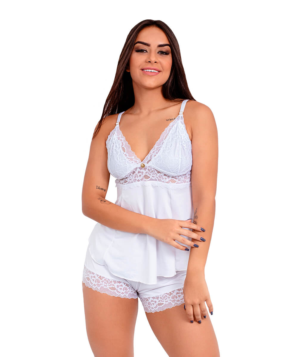 Pijama Short Doll Baby Doll Imi Lingerie Microfibra E Renda Hope