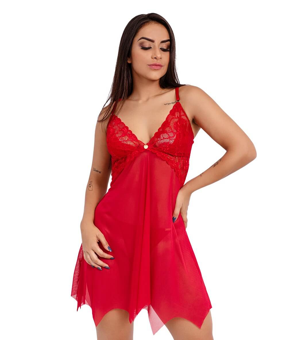 Camisola Imi Lingerie Sem Bojo Em Tule E Renda Com Calcinha Fio Dental Ainah