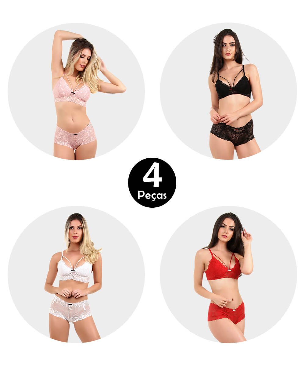 Kit 4 Conjunto Imi Lingerie Sem Bojo Caleçon Em Renda Melinda