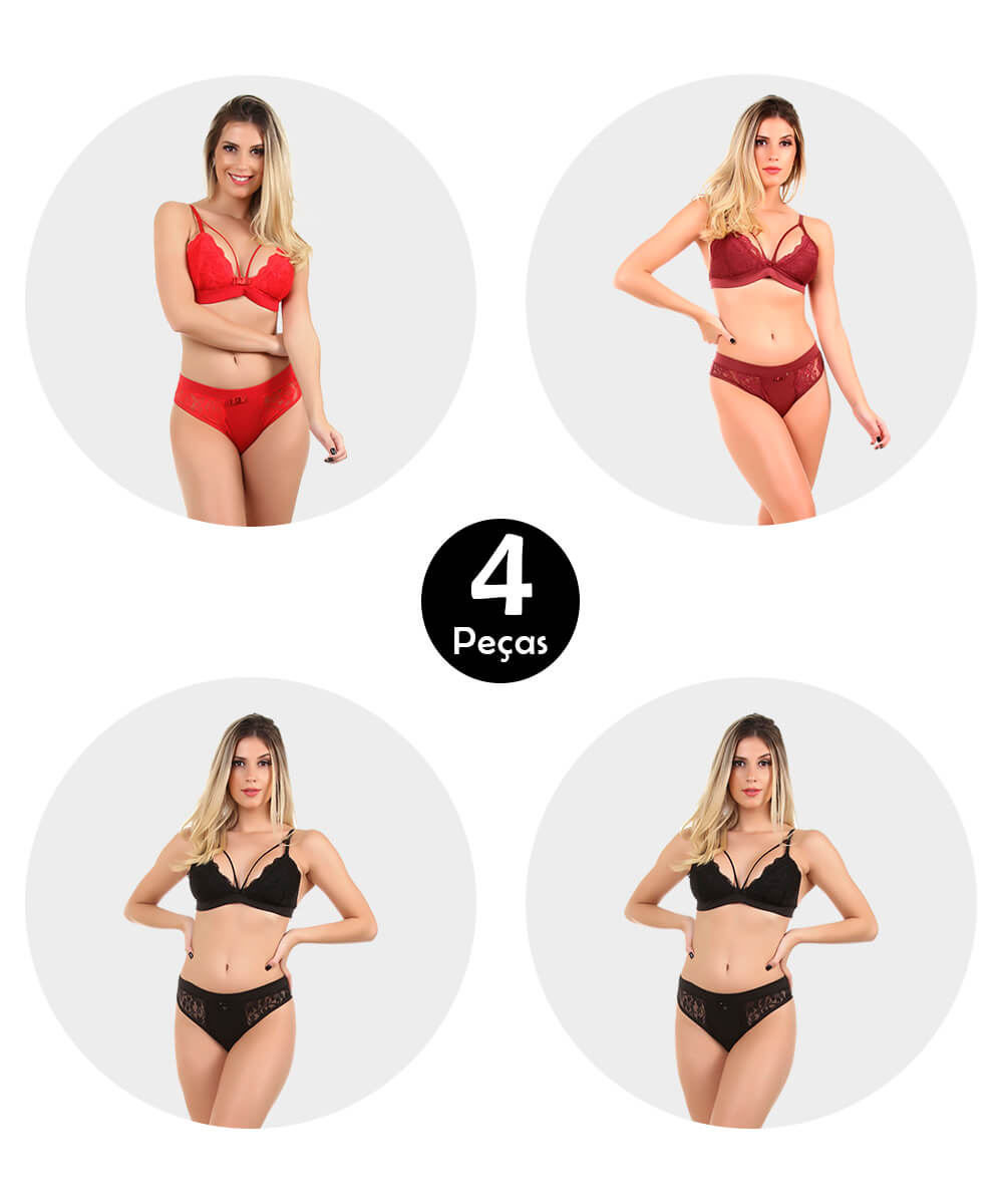 Kit 4 Conjunto Imi Lingerie Sem Bojo Em Microfibra E Renda Maria Sofia