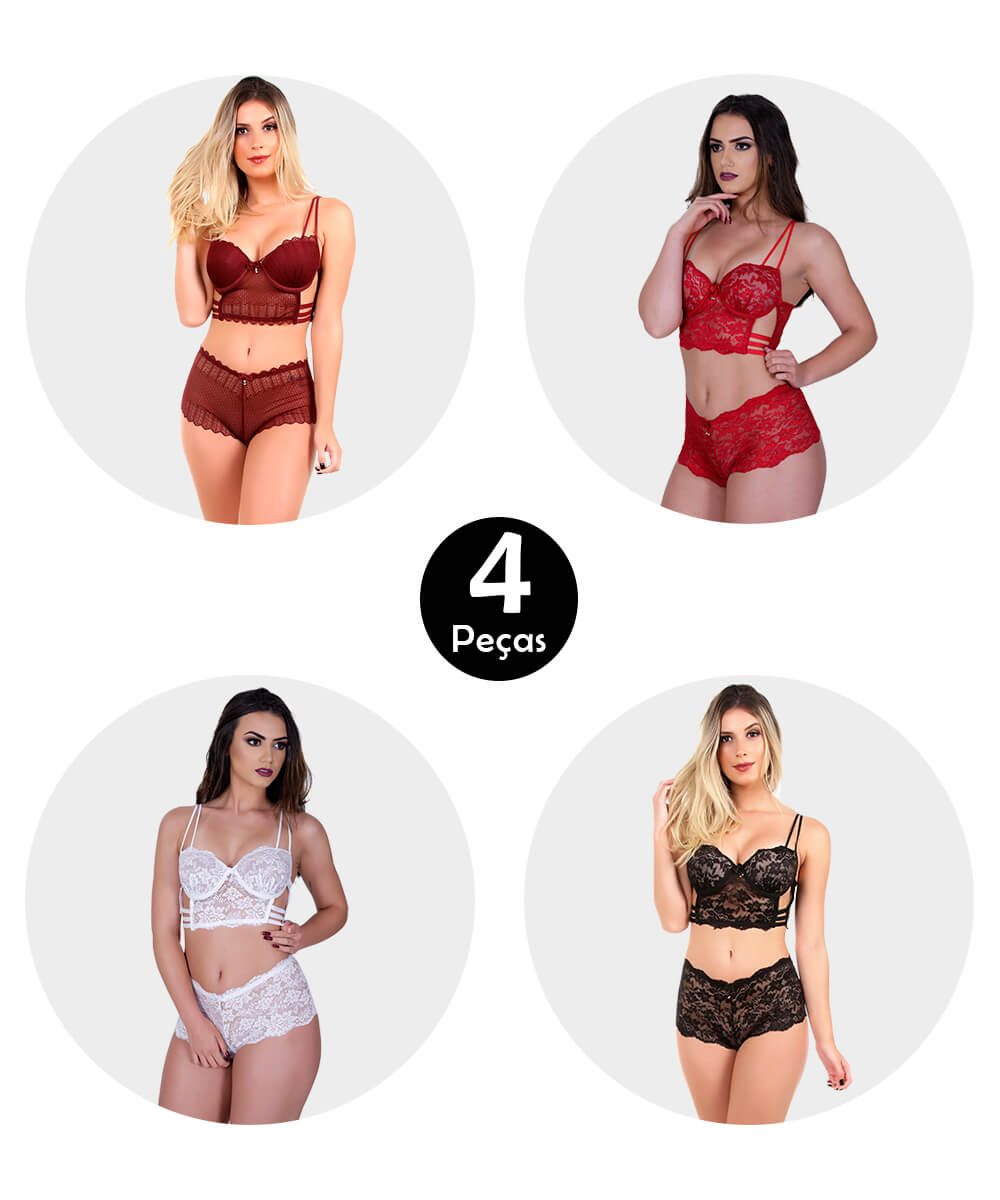 Kit 4 Conjunto Imi Lingerie Cropped Caleçon Em Renda Ariela