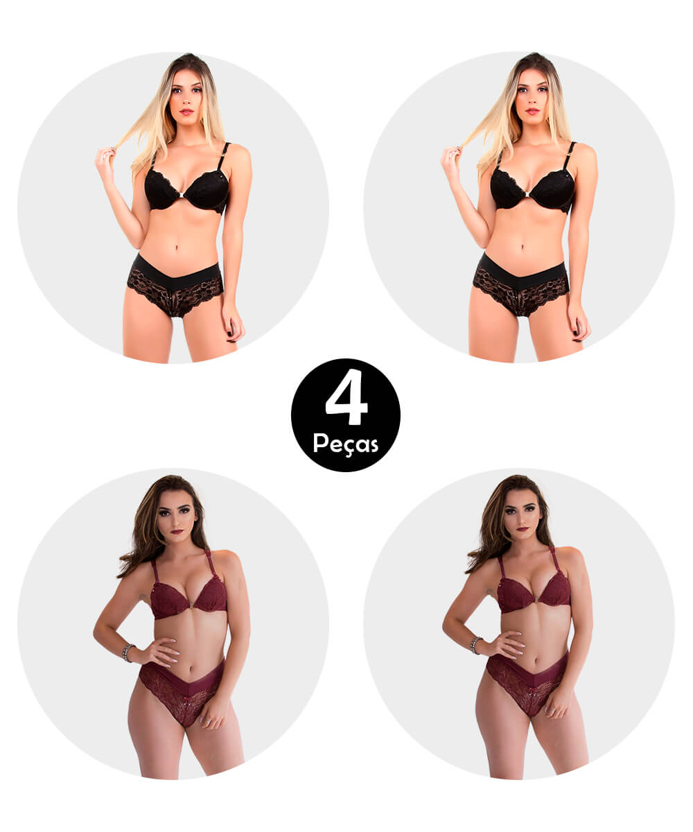 Kit 4 Conjunto Imi Lingerie Com Bojo Strappy Bra Fio Duplo Em Renda Amália