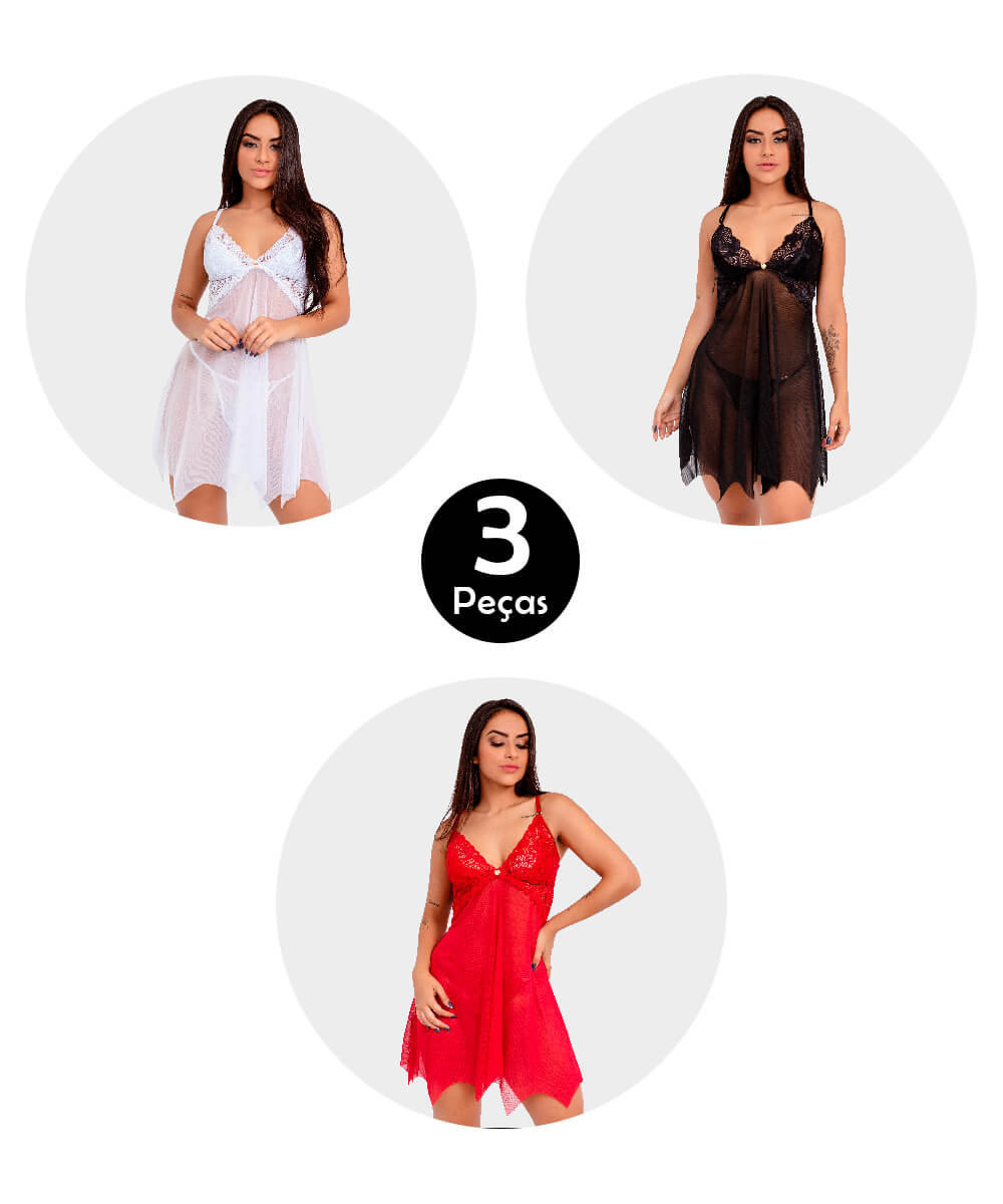 Kit 3 Camisola Imi Lingerie Sem Bojo Em Tule E Renda Com Calcinha Fio Dental Ainah