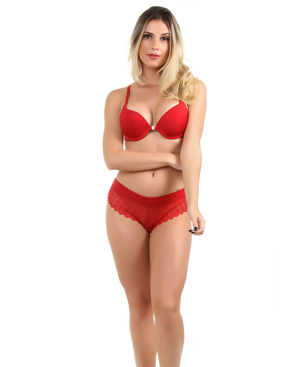 Conjunto Imi Lingerie Com Bojo E Fecho Frontal Nadador Em Microfibra E Renda Lola