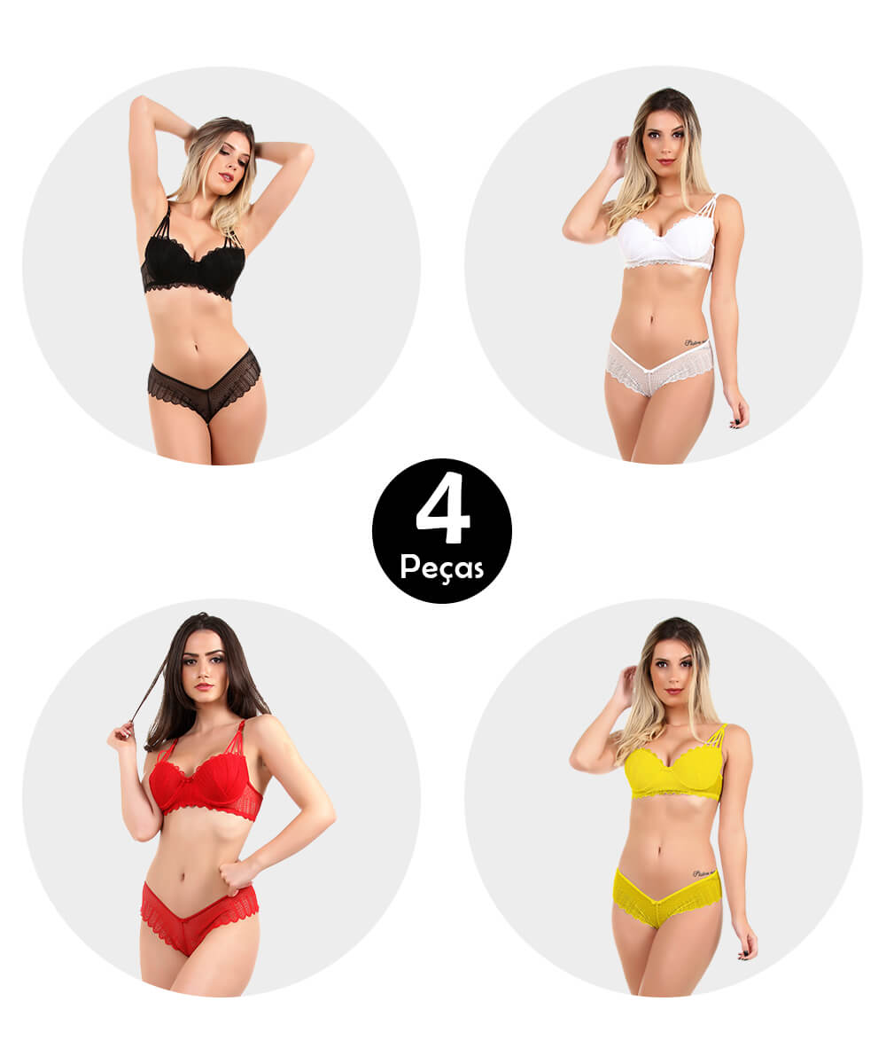 Kit 4 Conjunto Imi Lingerie Em Renda Fio Duplo Galisteu