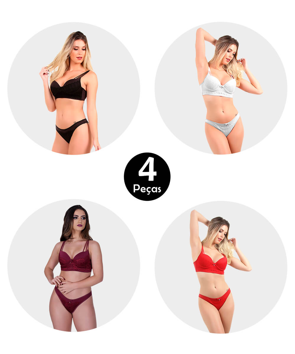 Kit 4 Conjunto Imi Lingerie Com Bojo Cropped Em Microfibra E Renda Scarlet