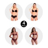 Kit 4 Conjunto Imi Lingerie Com Bojo Strappy Bra Fio Duplo Em Renda Amália