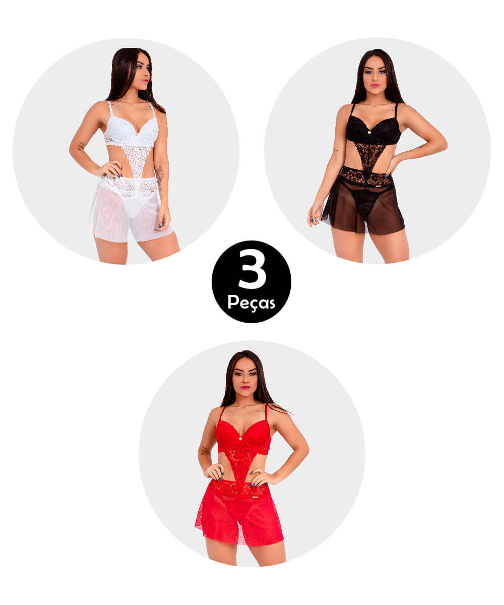 Kit 3 Conjunto Imi Lingerie Sutiã Calcinha Fio E Saia Renda Tule Hari