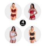 Kit 4 Conjunto Imi Lingerie Cropped Caleçon Em Renda Ariela