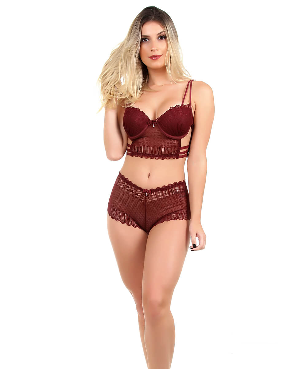 Conjunto Imi Lingerie Cropped Caleçon Em Renda Ariela