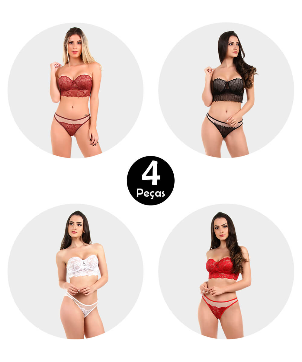 Kit 4 Conjunto Imi Lingerie Sem Alça Com Bojo Cropped Em Renda Marjorie