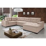 Sofá de Canto 6 Lugares com Chaise Suede Aveludado Viena Império Estofados Areia