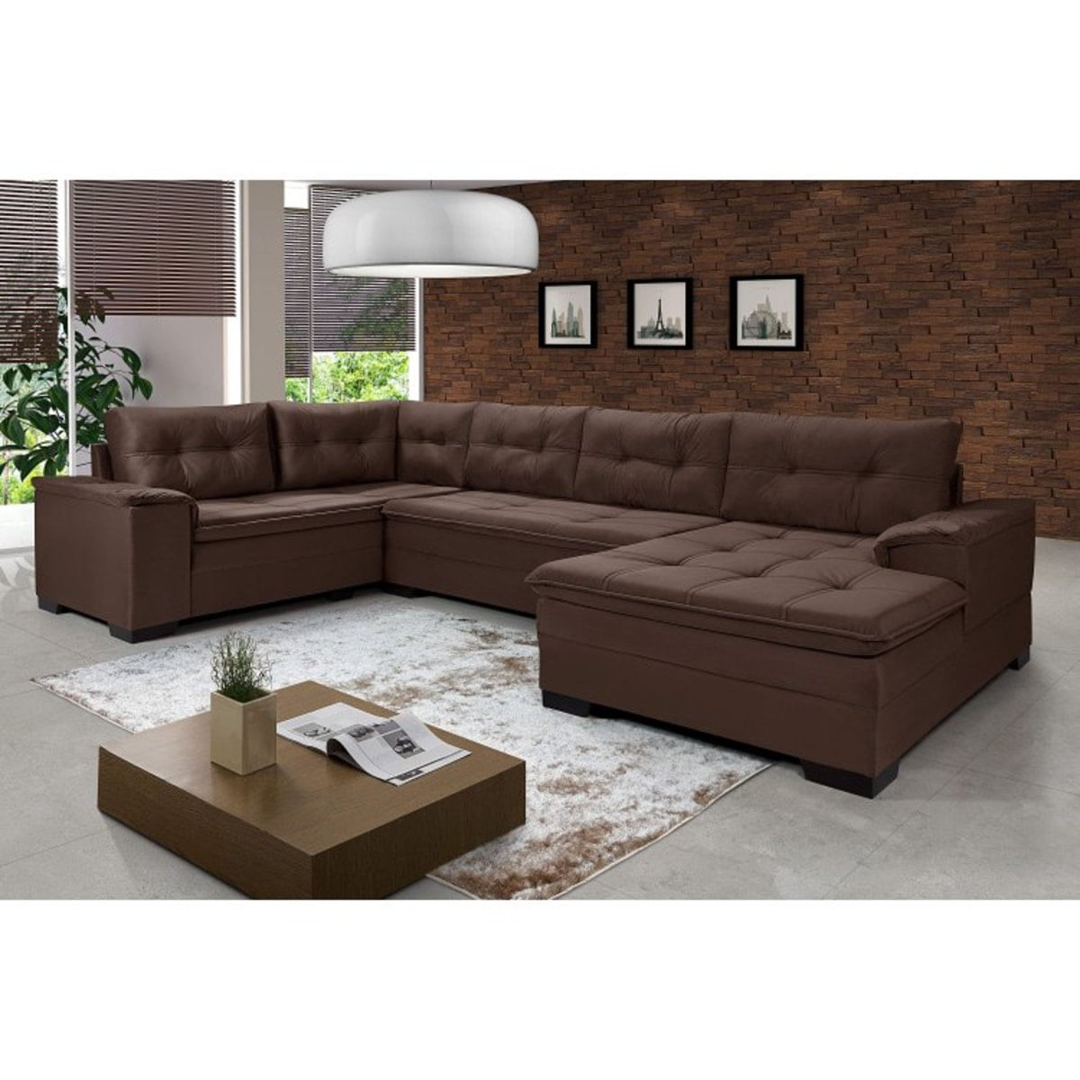 Sofá de Canto 6 Lugares Com Chaise Suede Aveludado Viena Império Estofados Marrom