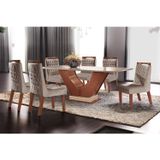 Conjunto Sala de Jantar Mesa com Tampo de Vidro Safira 6 Cadeiras Atena LJ Móveis Castanho Prêmio/Off White/Pena Bege