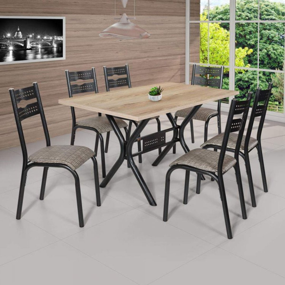 Conjunto de Mesa com 6 Cadeiras Luna Ciplafe Craqueado Preto/Junco Manteiga