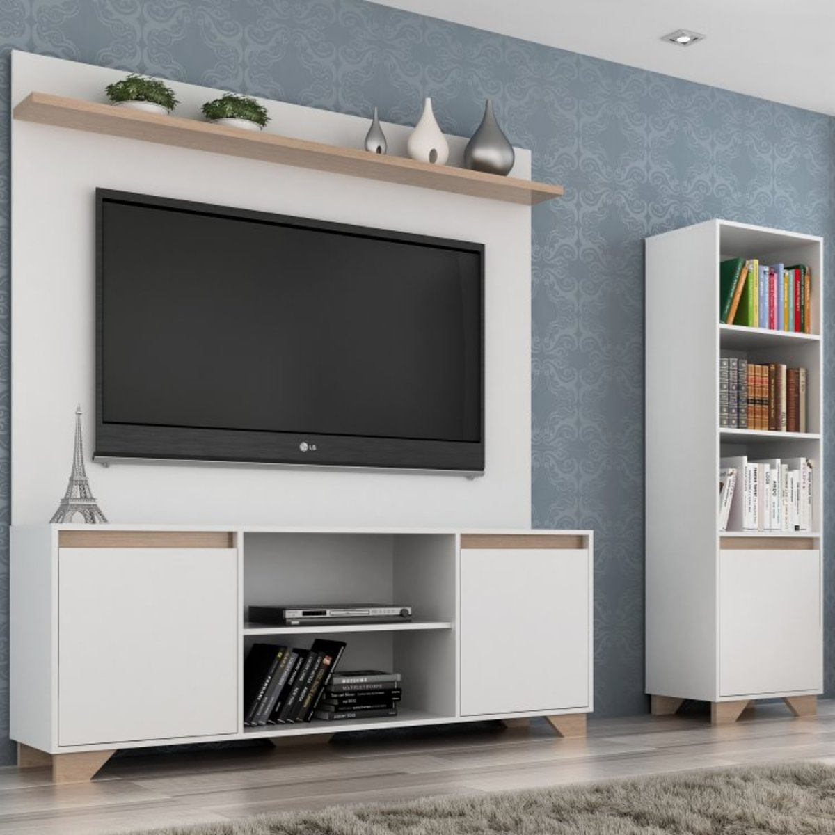 Conjunto Rack com Painel para TV 50 Polegadas e Estante Benevello 2038 Quiditá Branco/Siena