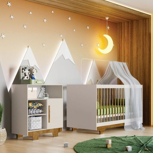 Quarto de Bebê com Berço Minicama e Cômoda Flocos Tigus Baby Off White/Ypê